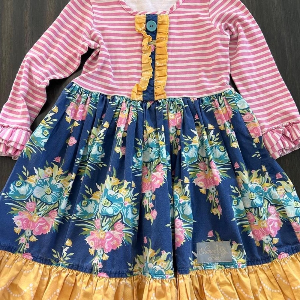 Eleanor Rose Pink Striped Blue Floral Ruffle Long Sleeve Dress Multi